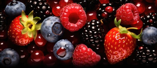 Close up of strawberries, raspberries, blueberries, and blackberries on a black background...