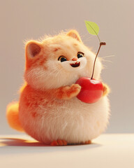 Cute cartoon kitten holding cherry illustration

