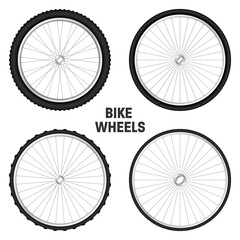 Fototapeta premium Realistic 3d bicycle wheels. Bike rubber tyres, shiny metal spokes and rims. Fitness cycle, touring, sport, road and mountain bike. Vector illustration