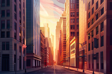 Street of skyscraper buildings, no cars, morning lights background vector illustration