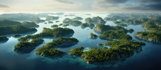 Fototapeta na wymiar A stunning aerial view of a group of islands surrounded by crystalclear water, fluffy cumulus clouds in the sky, with the horizon blending into the atmospheric landscape