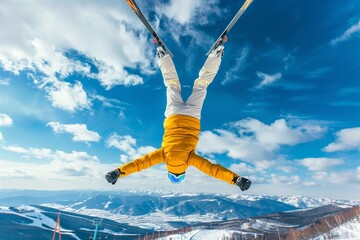 Skier jumping in the sky on the snow slopes in the mountain, impressive acrobatic ski jump, upside down, amazing winter activity on winter sports resort, I believe I can fly, athlete defying gravity - obrazy, fototapety, plakaty