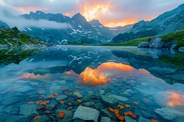 Majestic Sunrise over Serene Mountain Lake with Vibrant Reflections and Lush Scenery