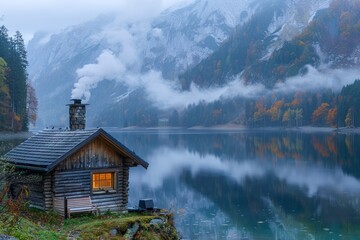 Fototapeta premium Tranquil Lakeside Cabin amidst Autumn Foliage on Misty Morning