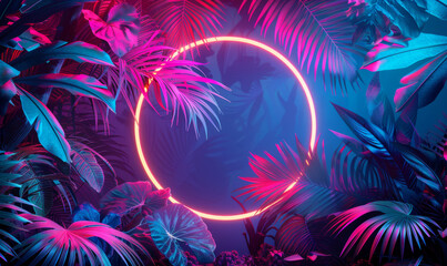 Neon round frame with tropical leaves
