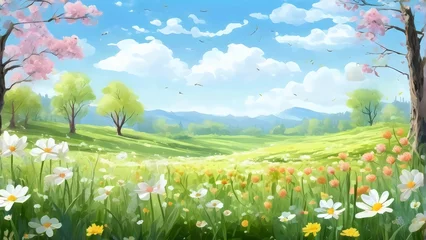 Foto op Canvas Nature Background Spring: A painting of a field filled with vibrant flowers and lush trees in a springtime setting, growth and beauty of nature in bloom © CreativeMindSigned