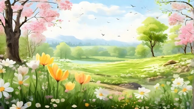 Nature Background Spring: A colorful spring scene with various flowers and trees blooming in a field
