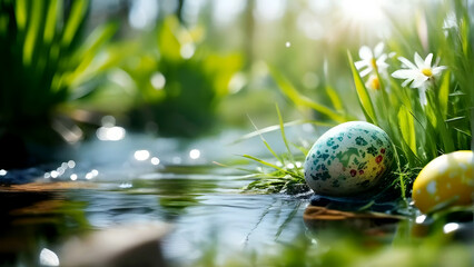 Nature Background Easter Spring: Two colorful painted Easter eggs placed delicately in the lush green grass, springtime growth