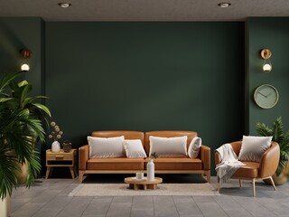 Mockup green wall with leather sofa and leather armchair in living room - 755259301