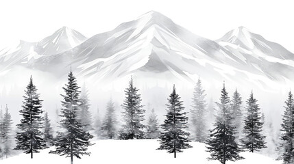 A monochrome image featuring a tranquil snowy landscape with towering mountains in the background and evergreen trees in the foreground