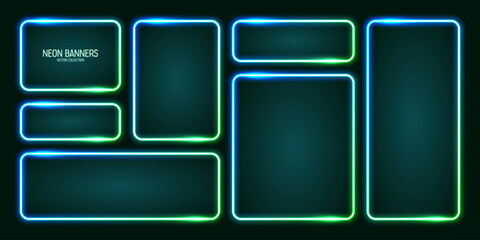 Glowing neon banners, illuminated colorful square frames. Shiny vibrant border, glow effect. Azure vintage retro lights, night illumination. Modern futuristic UI design elements. Vector illustration