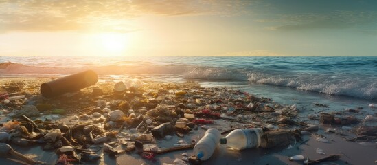 A heap of plastic bottles and trash lies on a sandy beach by the ocean, polluting the natural landscape and threatening the water, sky, and atmosphere with its presence