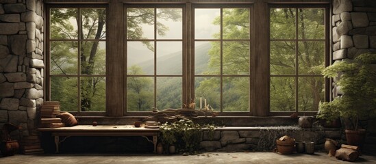 A room with a sturdy stone wall and a large window letting in natural light. The window frames a view of the outside world, adding a touch of the outdoors to the interior space.