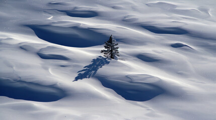 Fototapeta na wymiar A lone tree stands amid a pristine snowy landscape with smooth undulating drifts casting shadows in the sunlight