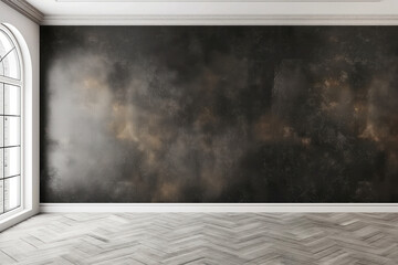 Modern Interior with Elegant Herringbone Flooring and Galaxy-themed Wall Art. Banner with copy space