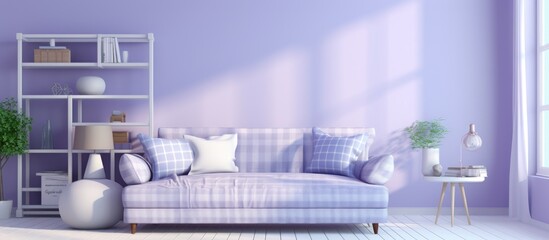 A living room featuring purple walls and a white couch. The room is decorated in a modern style with a light and airy atmosphere.