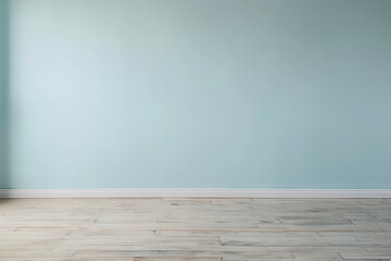 Serene Blue Wall and Wooden Floor in Minimalist Interior Design, Banner with copy space - obrazy, fototapety, plakaty