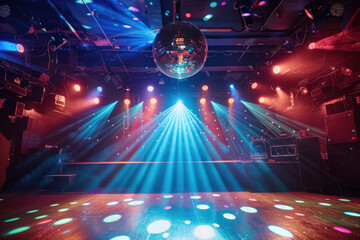 Vibrant Nightclub Interior with a Glowing Disco Ball of the 70s disco era with a shimmering disco...