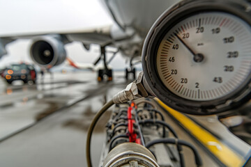Close-up View of Aircraft Fuel Gauge During Refueling on Cloudy Day