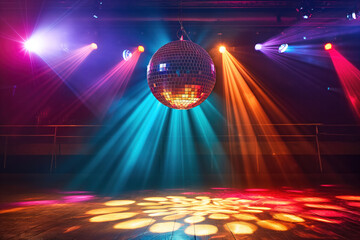 A Vibrant Disco Ball Illuminates Dance Floor with Reflective Colorful Rays of Light in Nightclub...