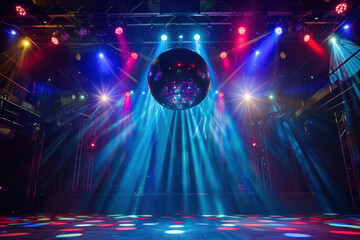 Vibrant Nightclub Atmosphere with Dance Floor Lights and Reflective Disco Ball. Shimmering disco...