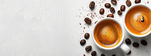 Two cups of espresso with scattered coffee beans on a white textured surface, shot from above.