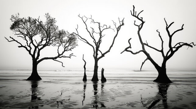 Black and white image of several leafless trees standing in shallow water with reflections on the wet surface