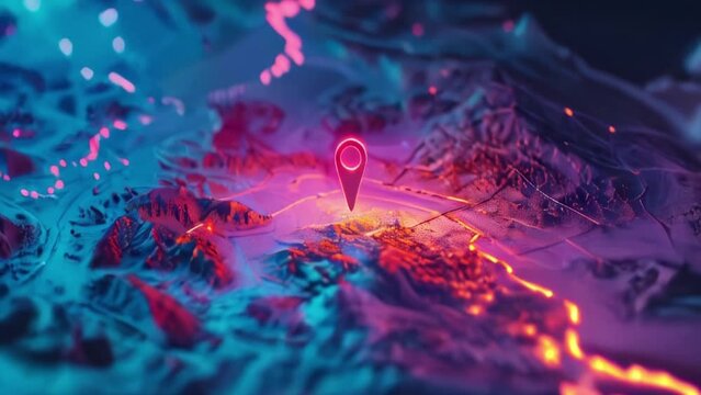 Glowing navigation pin on a 3D map with vivid neon topography and illuminated paths