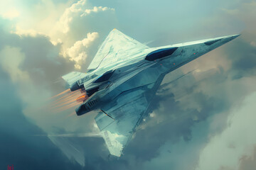 Futuristic Military Jet Soaring High Above Clouds, Dominates the Skies