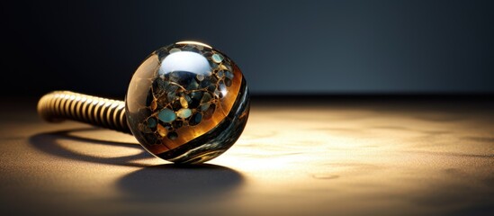 A close-up view of a metal object placed on a table, showing intricate details and textures. The object appears to be a bead or small mechanical part, reflecting light and casting shadows.