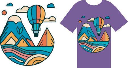 Adobe Illustrator Artwork, t-shirt design showcases a vivid hot air balloon gliding over picturesque mountains