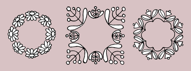 Set of hand-drawn round floral frames. Ink drawing.