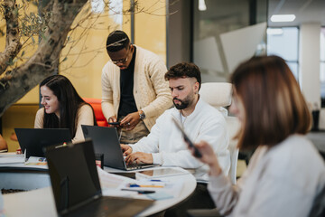 Multiethnic business colleagues brainstorming ideas for successful business growth in a...