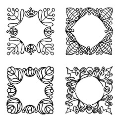 Set of hand-drawn round floral frames. Ink drawing.