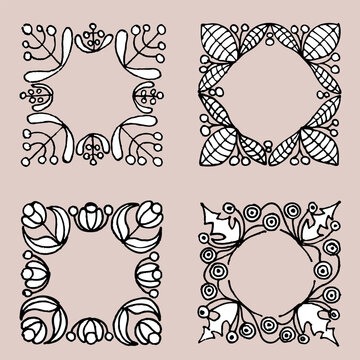 Set of hand-drawn round floral frames. Ink drawing.
