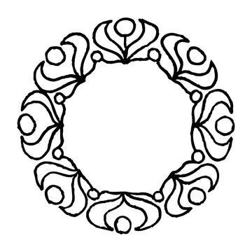 Set of hand-drawn round floral frames. Ink drawing.