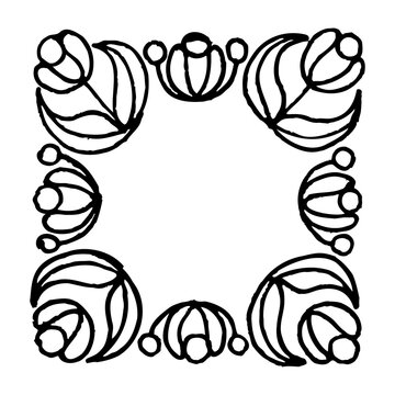 Set of hand-drawn round floral frames. Ink drawing.