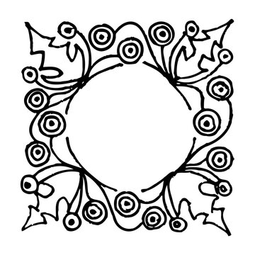 Set of hand-drawn round floral frames. Ink drawing.