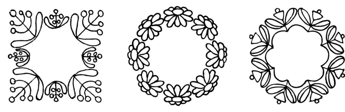 Set of hand-drawn round floral frames. Ink drawing.