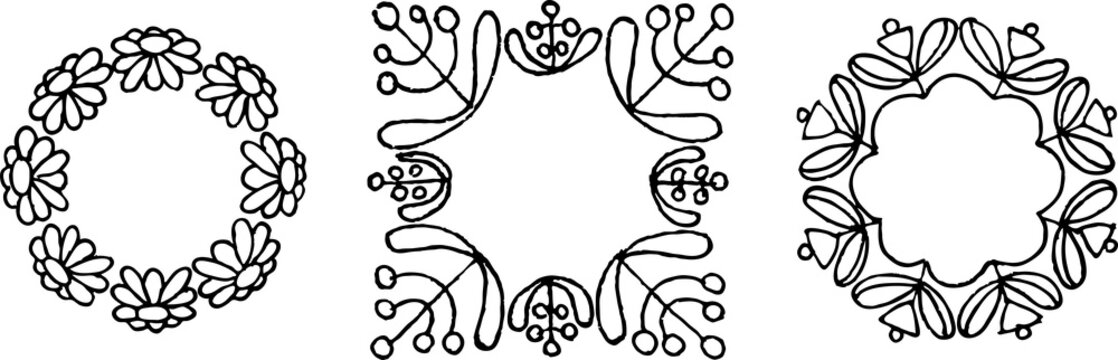 Set of hand-drawn round floral frames. Ink drawing.