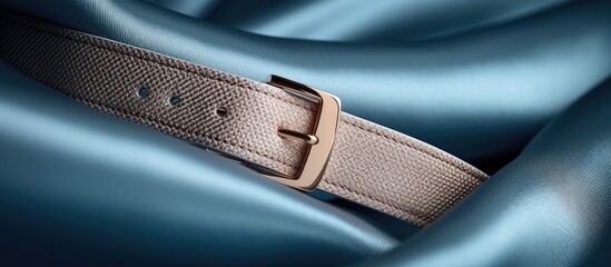 A close up of a gold buckle belt on Electric blue cloth, reminiscent of luxury automotive design features such as rims and mirrors on a personal luxury car