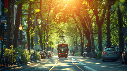 Public Bus Traveling Down Sun-Dappled Urban Street
