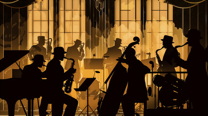 An Art Deco illustration portrays the silhouette of a 1940s big band orchestra performing with their instruments in a smoky room.