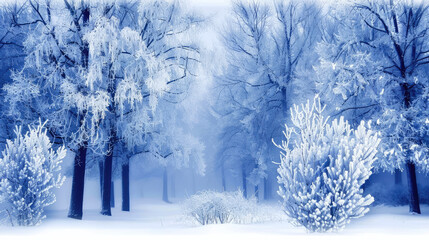 A serene winter landscape with snowcovered trees and a frosty atmosphere in a quiet peaceful forest setting