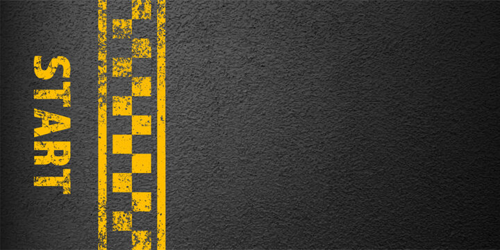 Asphalt road with yellow start line marking, concrete highway surface, texture. Street traffic lane, road dividing strip. Pattern with grainy structure, grunge stone background. Vector illustration