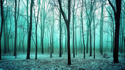 A mystical foggy forest with bare trees and a light dusting of snow illuminated by a cool ethereal light - obrazy, fototapety, plakaty