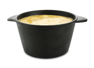 Fondue pot with tasty melted cheese isolated on white