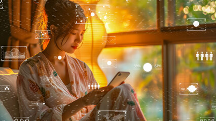 Woman in a cozy room interacting with a futuristic smart home interface. Digital and AI in Asia market concept.