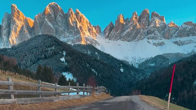 Spring landscape Dolomites Alps Santa Maddalena village Val di Funes valley South Tyrol Italy. High quality 4k footage