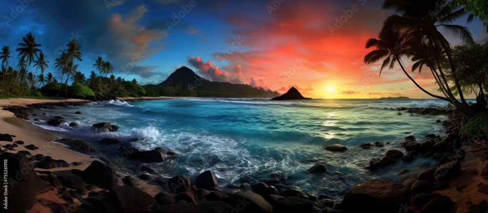 Poster a breathtaking sunset over a tropical beach with palm trees, a majestic mountain in the background, 